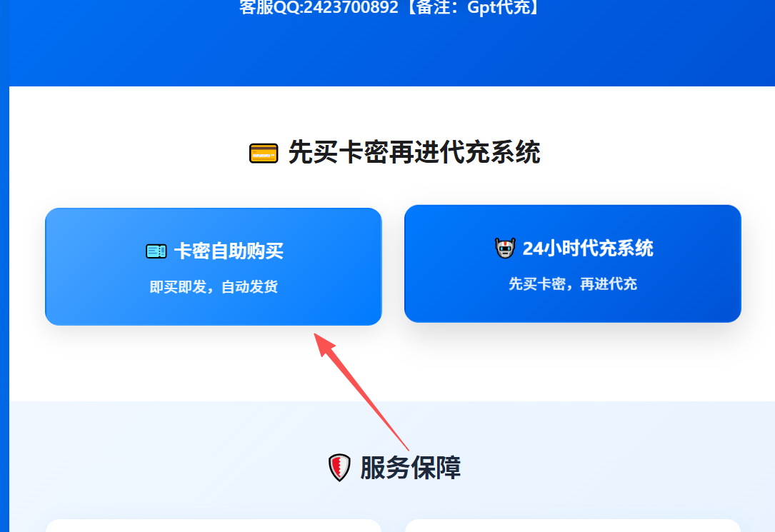 网站首页，突出“卡密自助购买”按钮